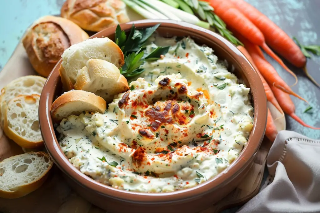 A creamy Knorr Spinach Dip served with fresh vegetables and bread chunks.