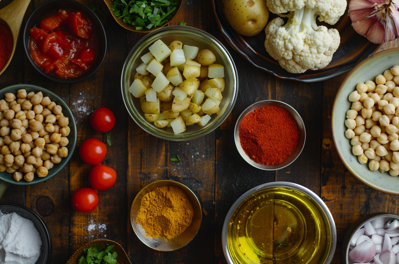 A bowl of Aloo Gobi, an Indian dish made with potatoes, cauliflower, and spices, garnished with fresh cilantro.