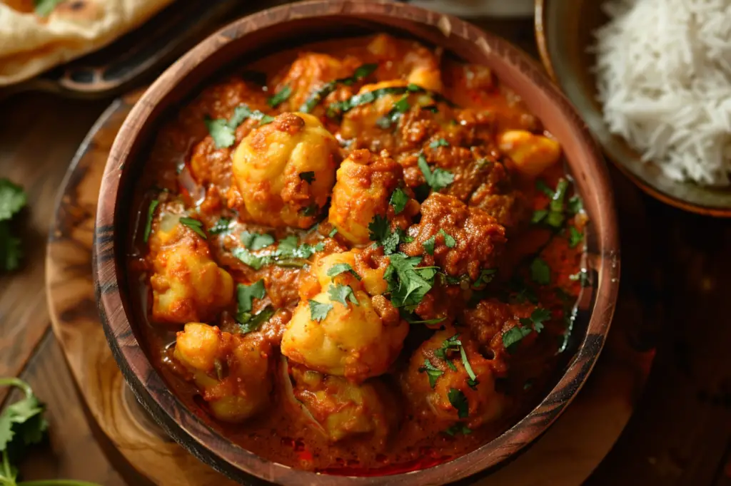 A bowl of Aloo Gobi, an Indian dish made with potatoes, cauliflower, and spices, garnished with fresh cilantro.