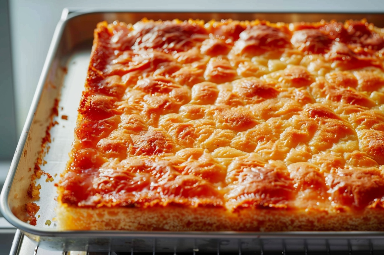 "Homemade Butter Mochi squares on a plate with a golden-brown crust and a chewy center."