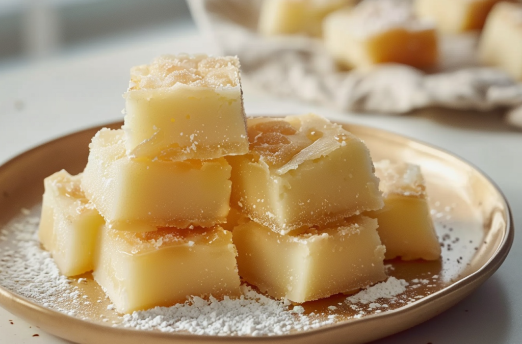 "Homemade Butter Mochi squares on a plate with a golden-brown crust and a chewy center."