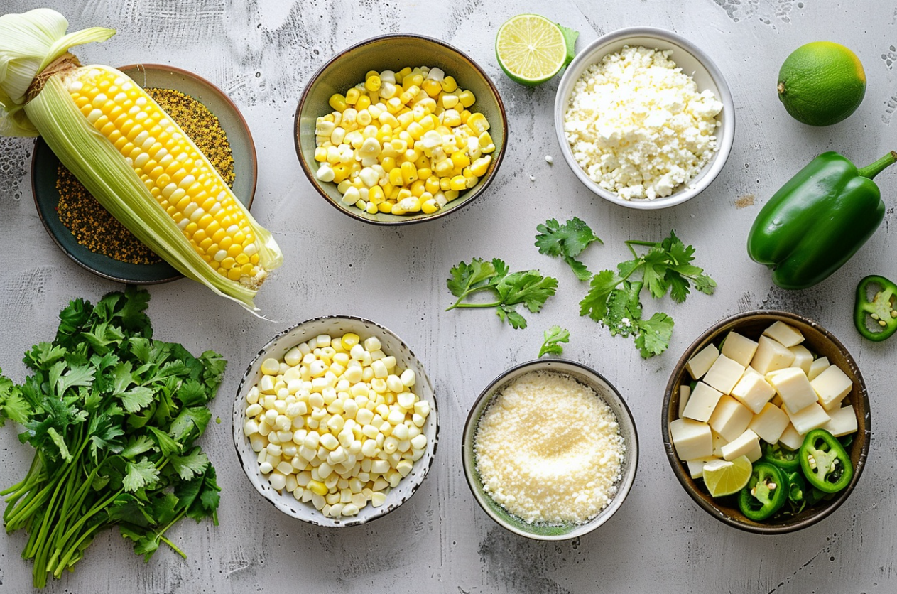 Bowl of Esquites (Mexican Elotes Salad) garnished with cilantro and lime wedges