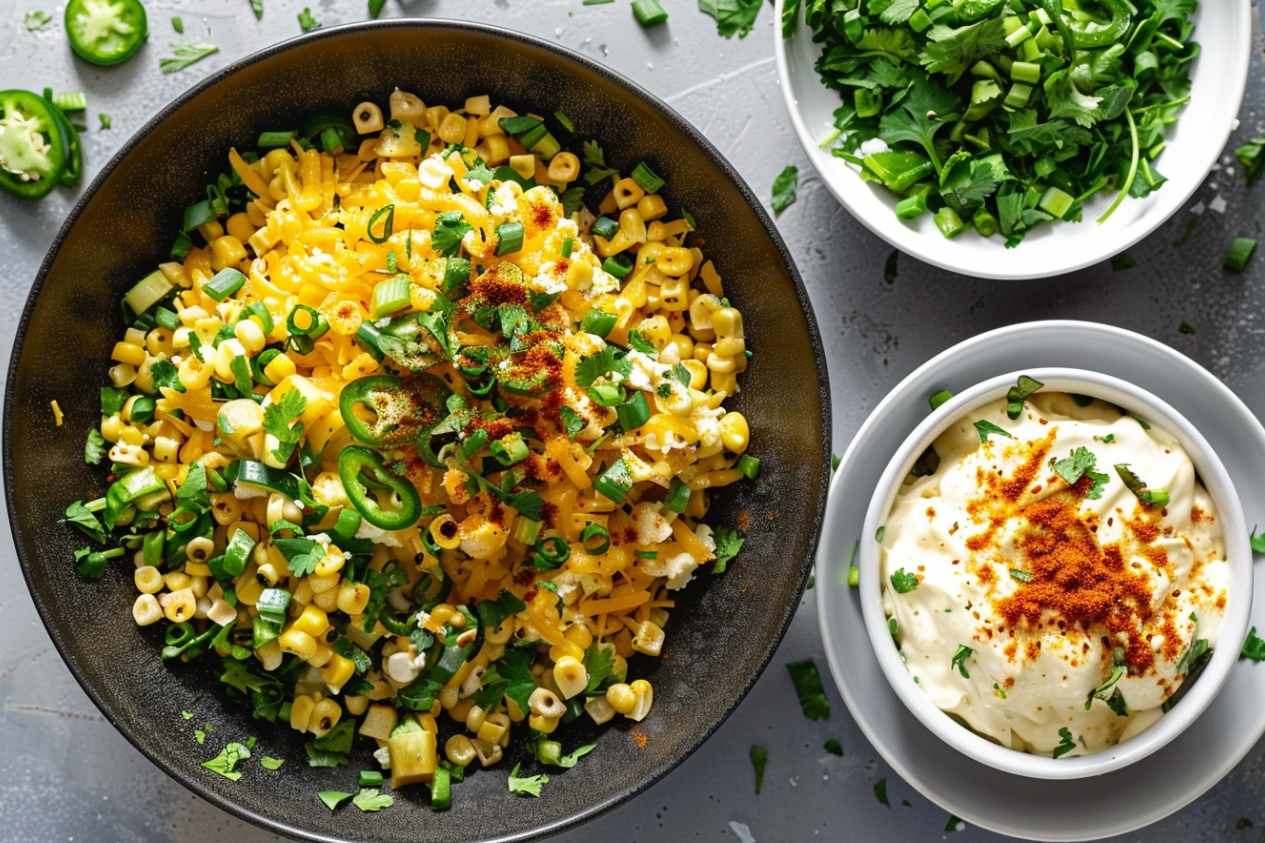 Bowl of Esquites (Mexican Elotes Salad) garnished with cilantro and lime wedges"