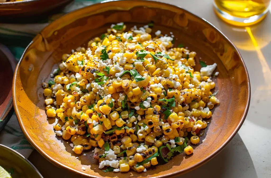 "Bowl of Esquites (Mexican Elotes Salad) garnished with cilantro and lime wedges"