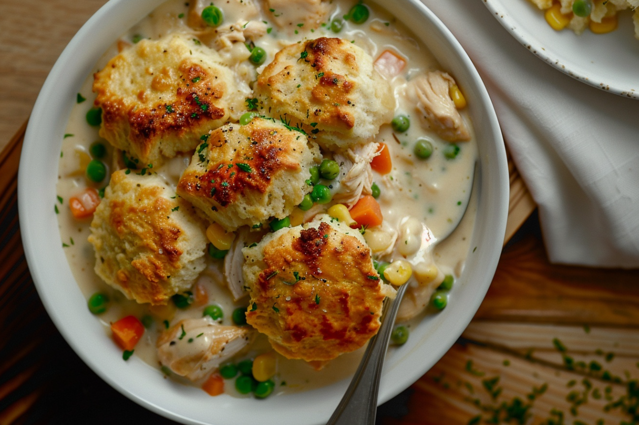 "Delicious homemade Chicken Cobbler topped with Cheddar Bay biscuit crust in a skillet"