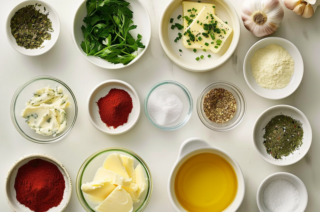 A bowl of homemade Cowboy Butter with fresh herbs and spices.