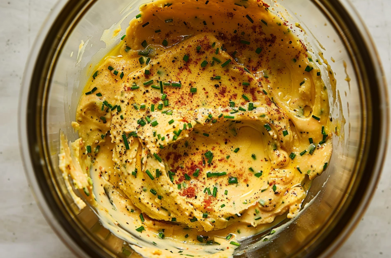 A bowl of homemade Cowboy Butter with fresh herbs and spices.