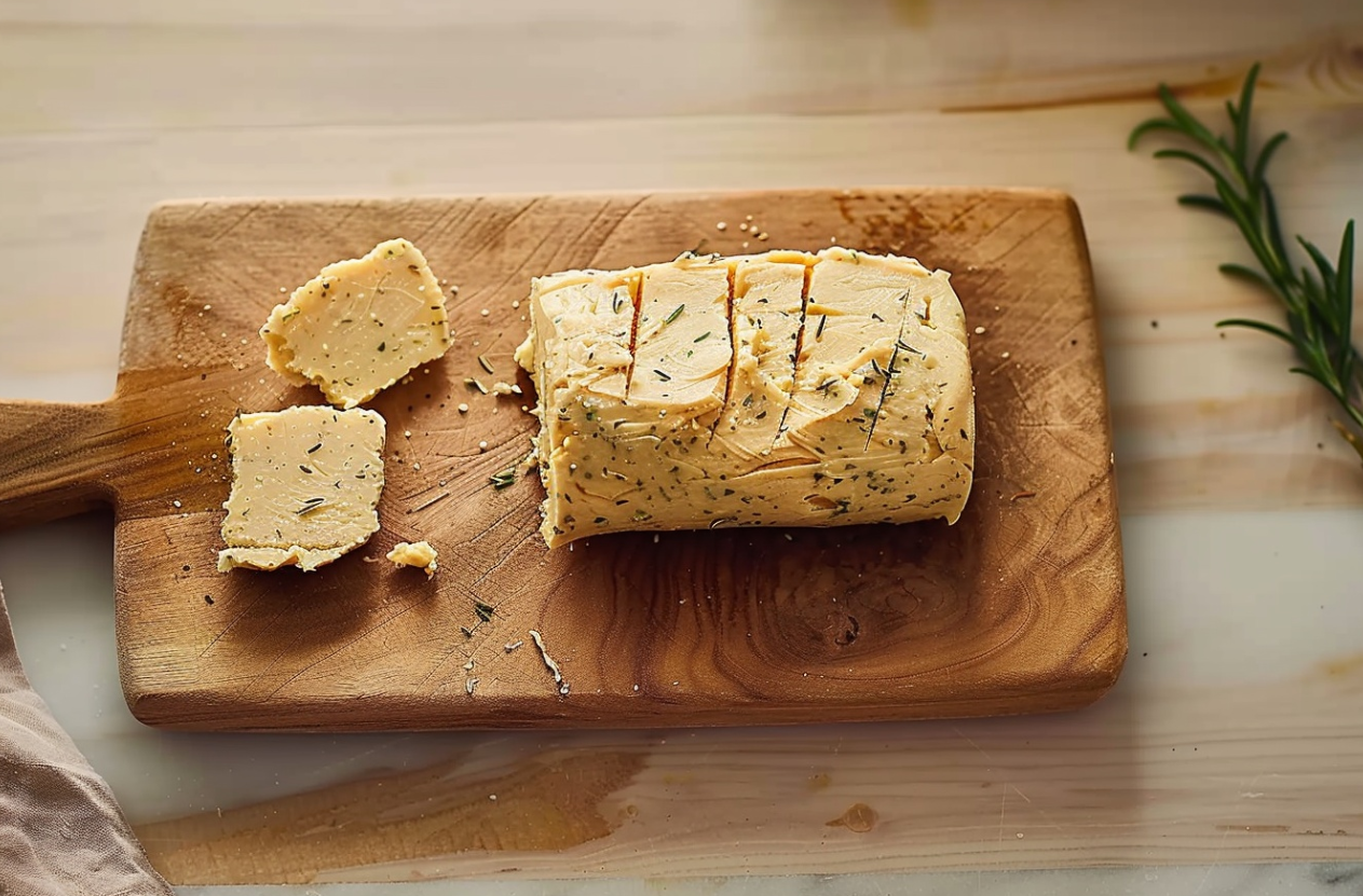 A bowl of homemade Cowboy Butter with fresh herbs and spices.