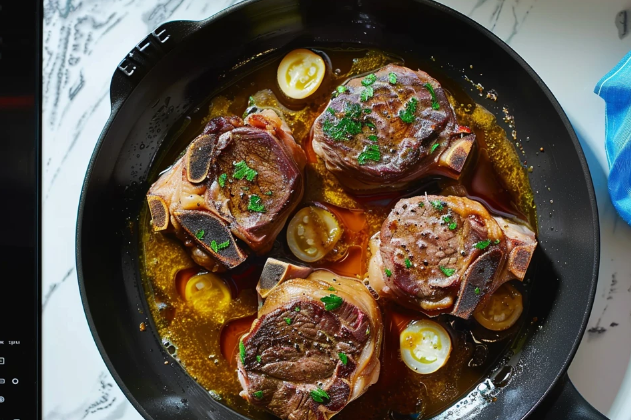 Braised beef shank served with vegetables on a white plate