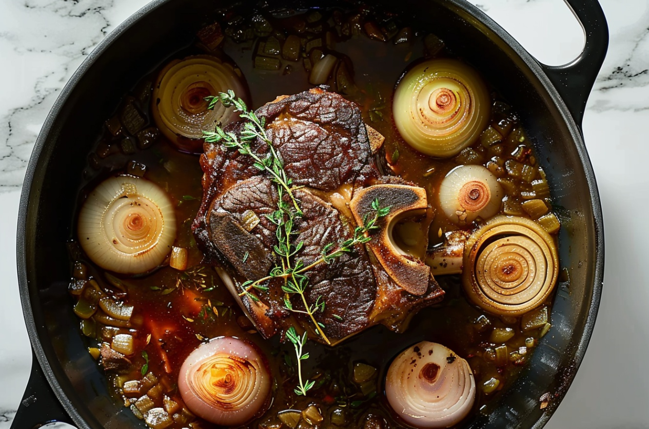 Braised beef shank served with vegetables on a white plate