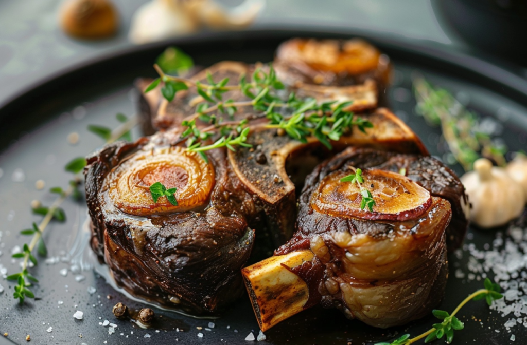 Braised beef shank served with vegetables on a white plate