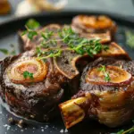 Braised beef shank served with vegetables on a white plate