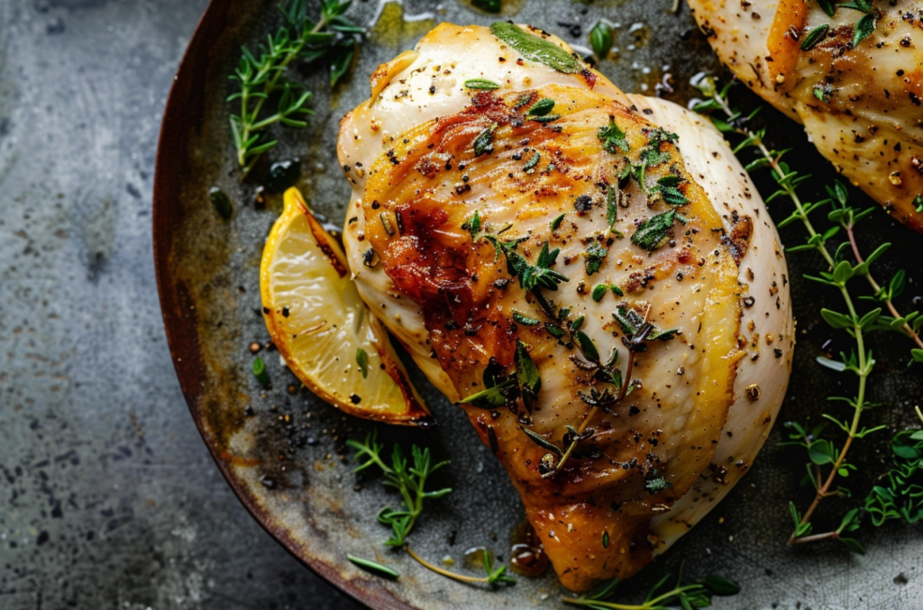 Juicy bone-in chicken breast with crispy skin, served on a plate with herbs and lemon slices.