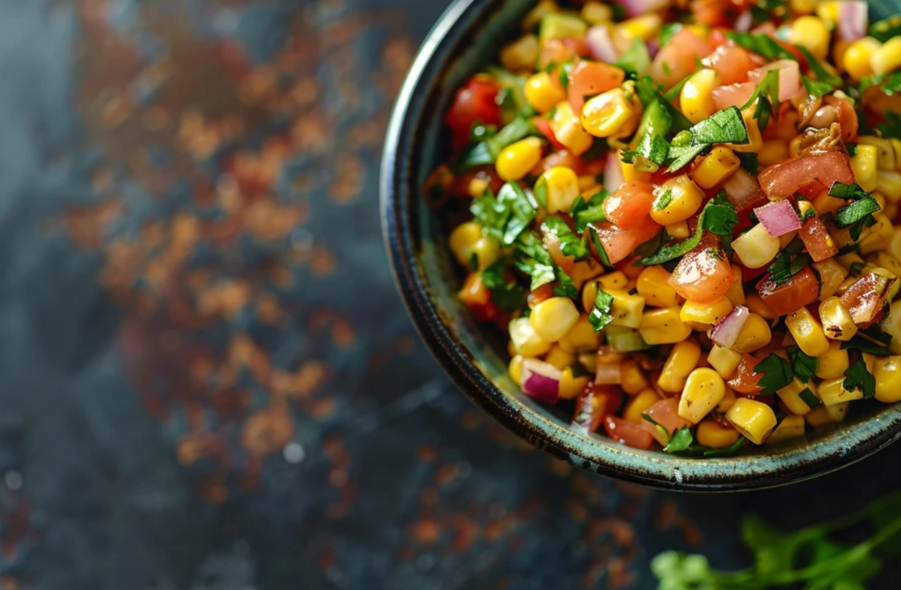 A vibrant bowl of Chipotle Corn Salsa with sweet corn, orange bell pepper, red onion, jalapeño, cilantro, and lime juice.