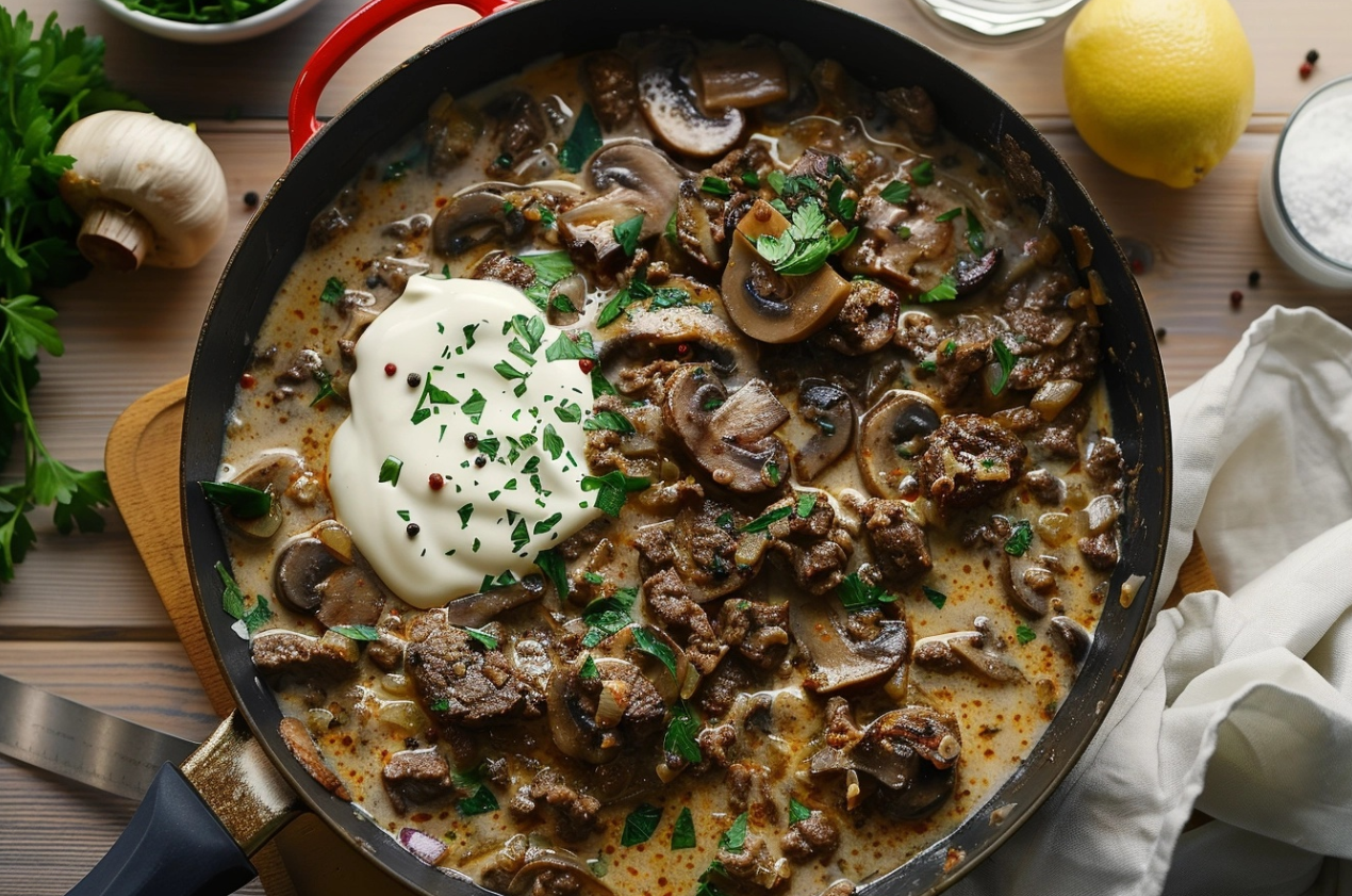 A bowl of creamy keto ground beef stroganoff garnished with fresh parsley, served with cauliflower rice.