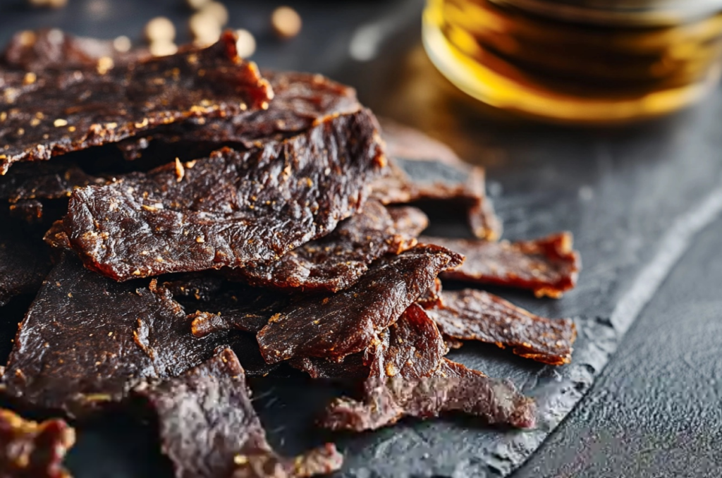 "Homemade deer jerky slices arranged on a wooden board with seasoning"