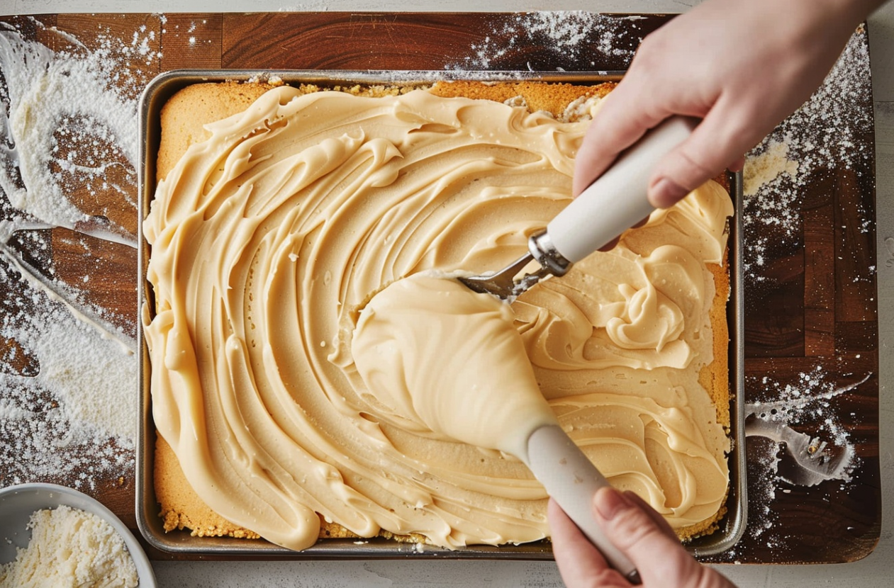 A moist peanut butter cake topped with creamy peanut butter icing, served on a white plate. 