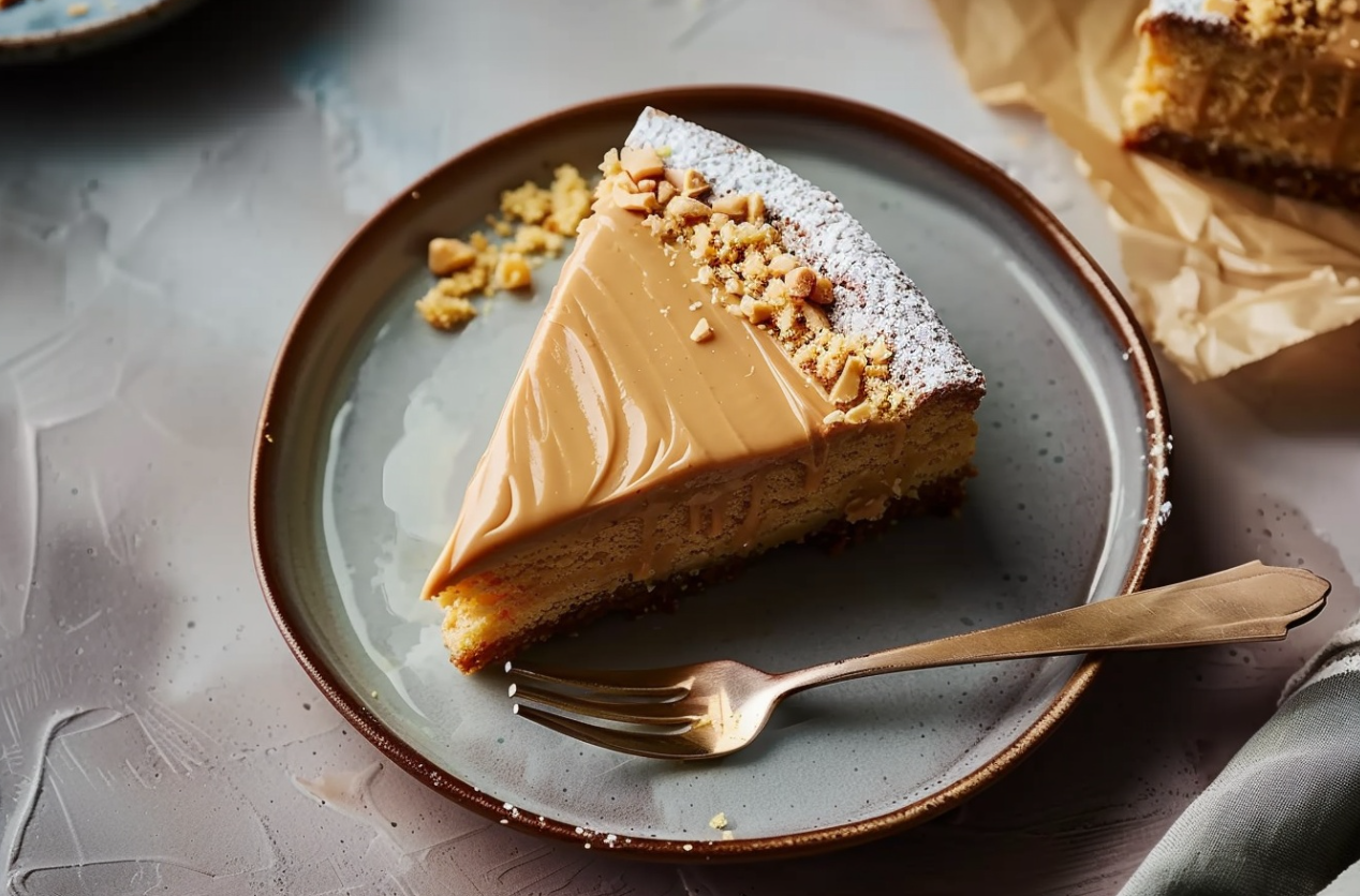 A moist peanut butter cake topped with creamy peanut butter icing, served on a white plate.