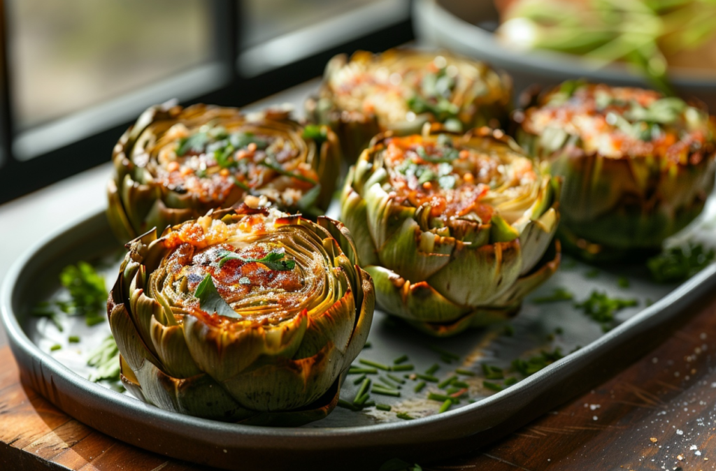 A delicious stuffed artichoke with a savory filling of Italian bread, garlic, parsley, and Romano cheese, baked to perfection.