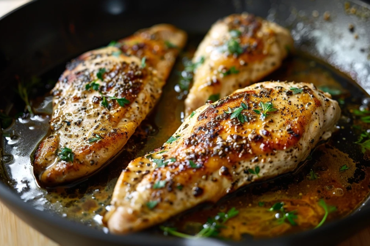 "Perfectly cooked thin chicken breast seasoned with spices and served on a plate." 