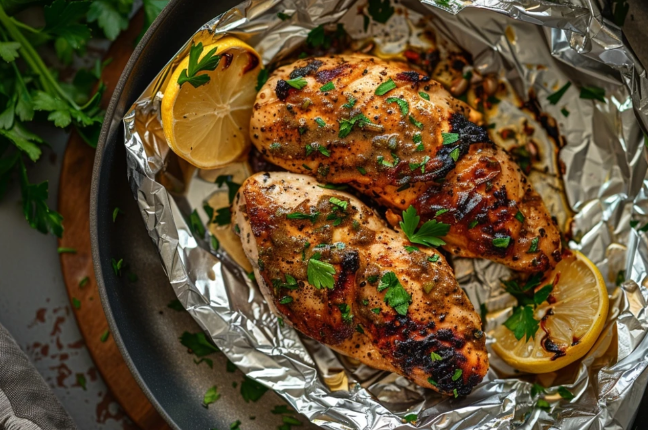 "Perfectly cooked thin chicken breast seasoned with spices and served on a plate." 