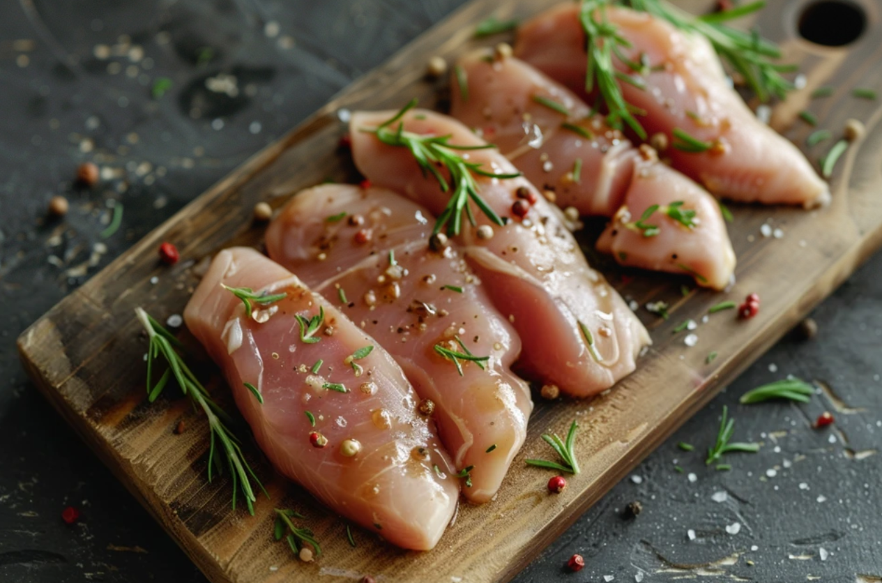 "Perfectly cooked thin chicken breast seasoned with spices and served on a plate." 