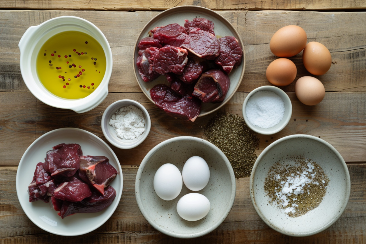 "Fried venison backstrap slices on a plate with a side of dipping sauce" 