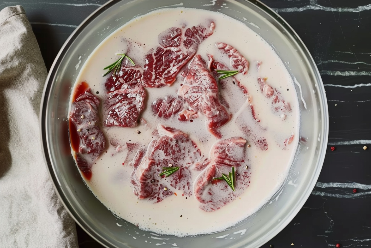 "Fried venison backstrap slices on a plate with a side of dipping sauce" 