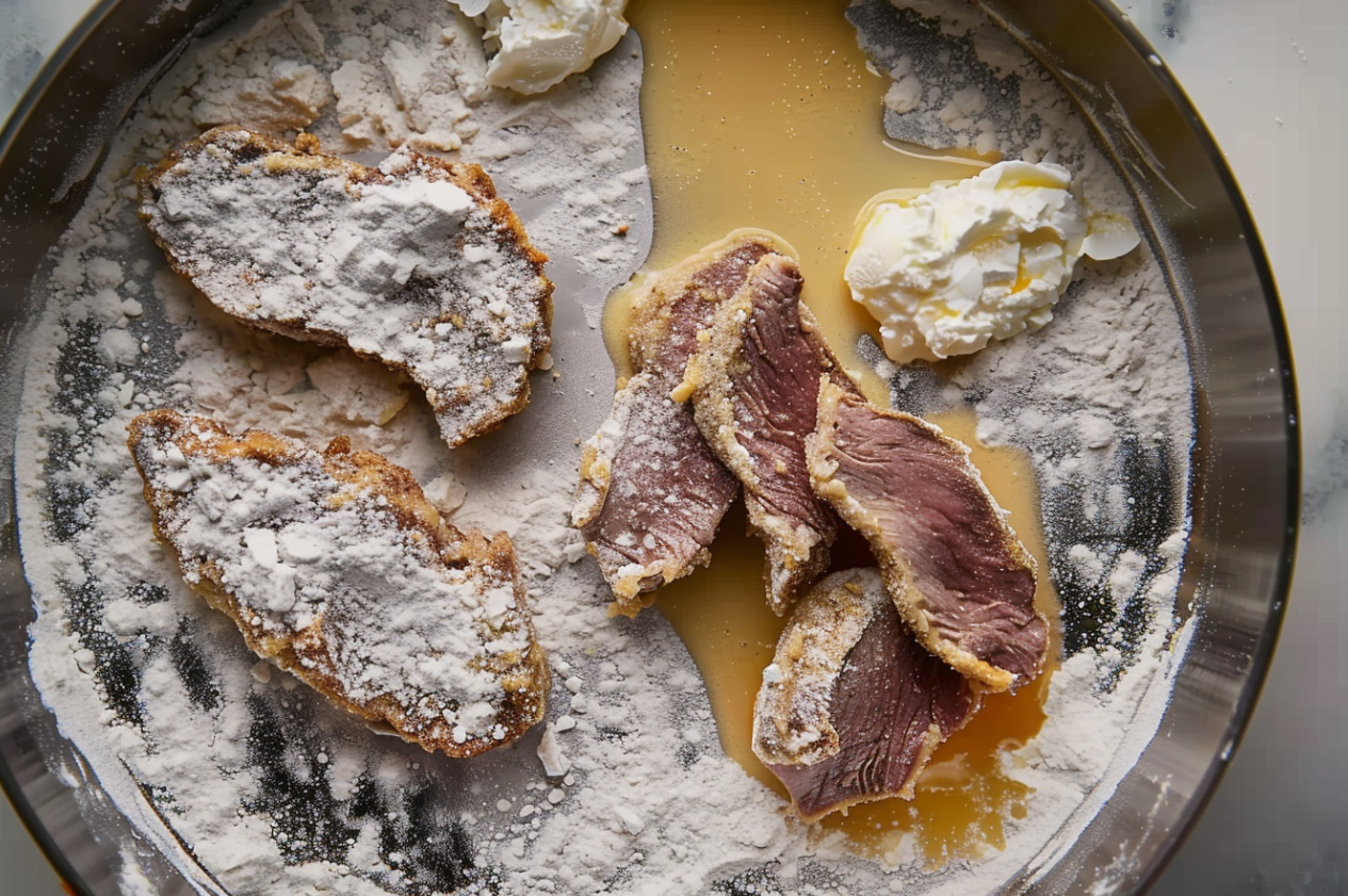 "Fried venison backstrap slices on a plate with a side of dipping sauce" 