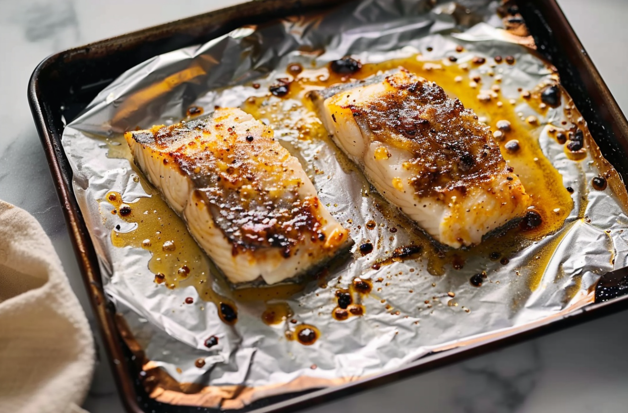 Delicious miso-glazed black cod fillet served with steamed rice and vegetables. 