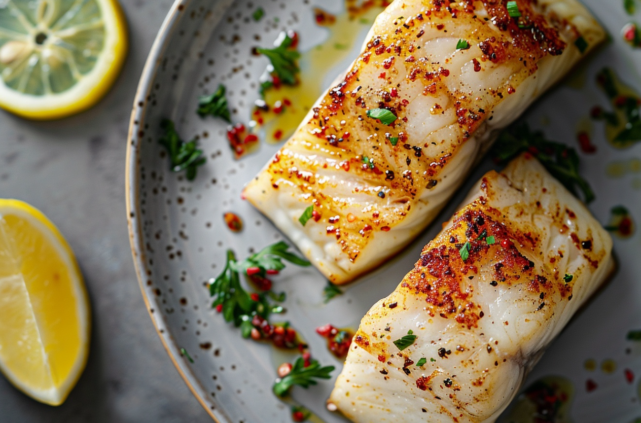 Delicious miso-glazed black cod fillet served with steamed rice and vegetables. 