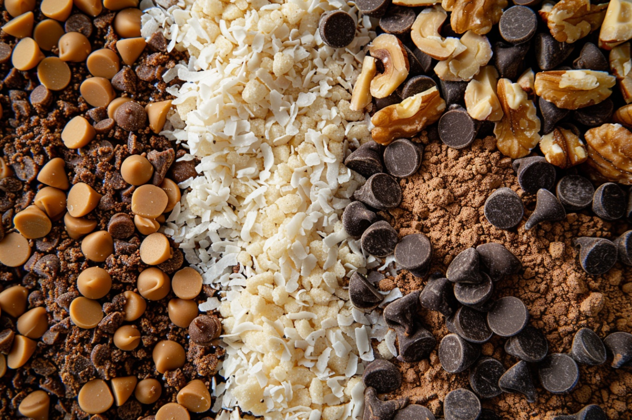 A close-up image of delicious Seven Layer Bars with layers of graham cracker crumbs, chocolate chips, butterscotch chips, walnuts, sweetened condensed milk, and shredded coconut.