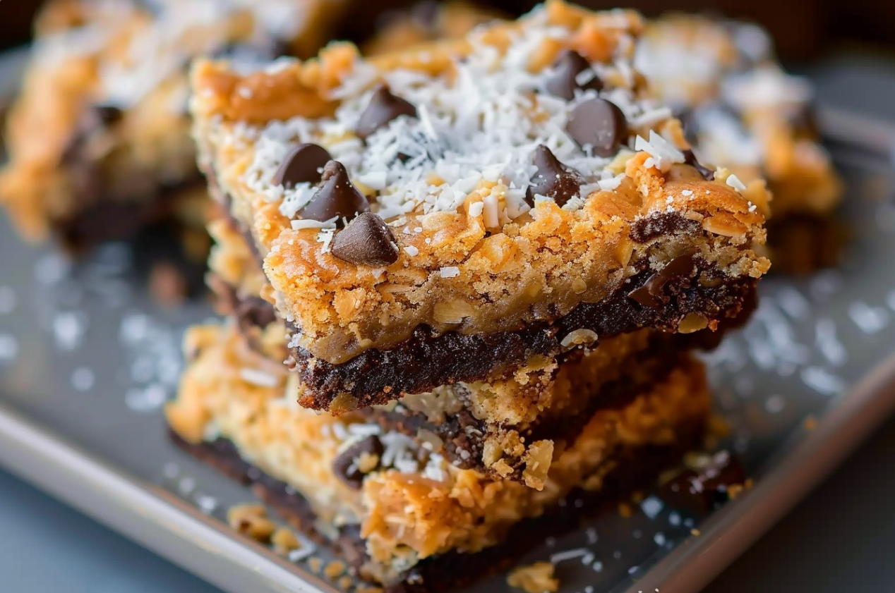 A close-up image of delicious Seven Layer Bars with layers of graham cracker crumbs, chocolate chips, butterscotch chips, walnuts, sweetened condensed milk, and shredded coconut.