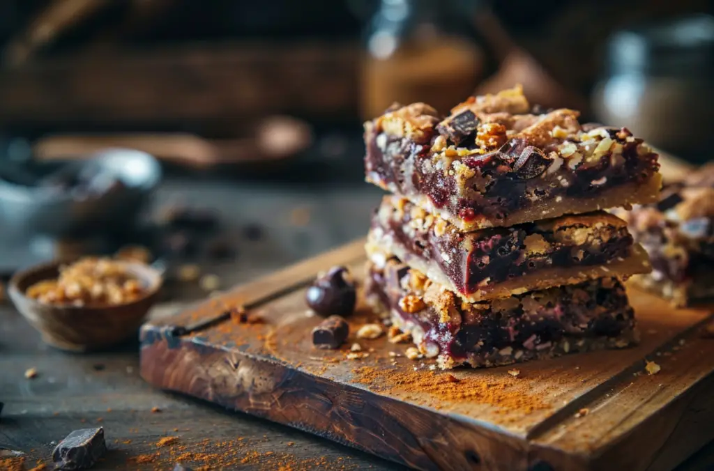 A close-up image of delicious Seven Layer Bars with layers of graham cracker crumbs, chocolate chips, butterscotch chips, walnuts, sweetened condensed milk, and shredded coconut.