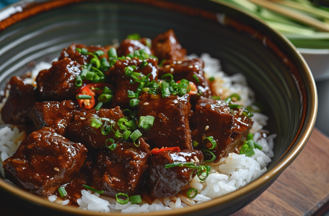 A bowl of Pinoy Pork Adobo with tender pork chunks in a savory sauce, garnished with bay leaves and served with steamed rice.