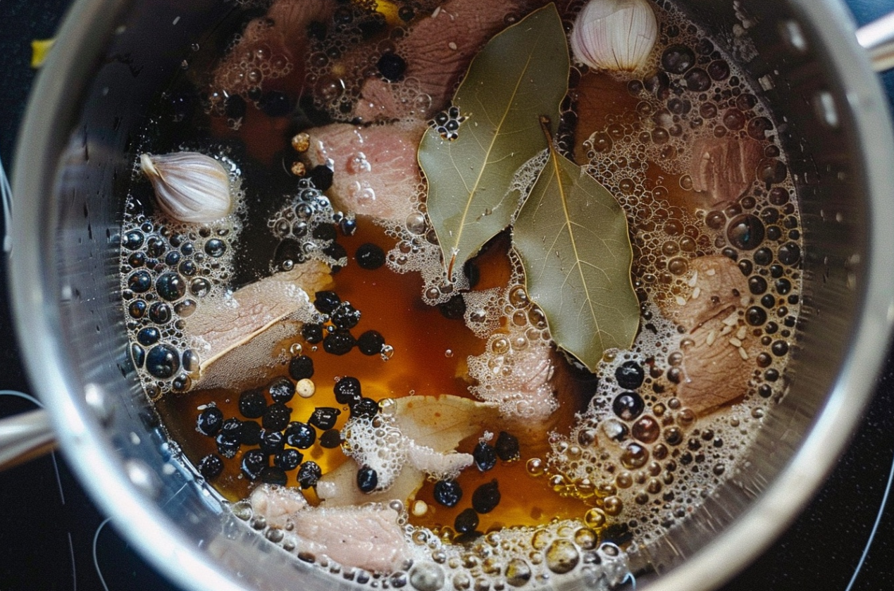 A bowl of Pinoy Pork Adobo with tender pork chunks in a savory sauce, garnished with bay leaves and served with steamed rice.

