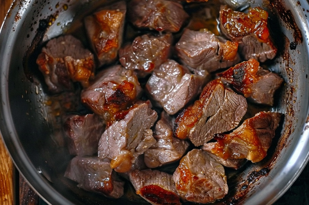 A bowl of Pinoy Pork Adobo with tender pork chunks in a savory sauce, garnished with bay leaves and served with steamed rice.

