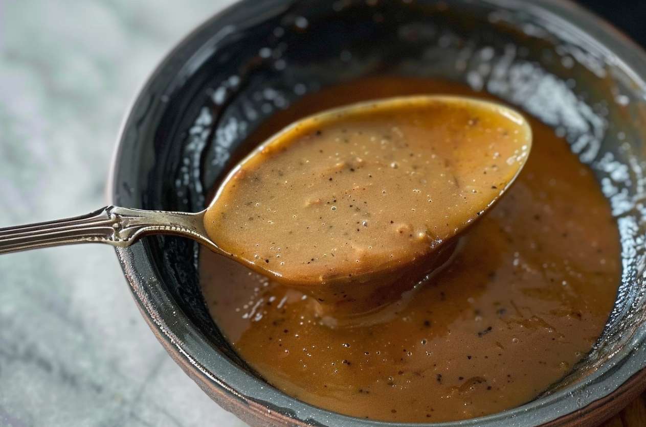 A bowl of rich homemade chicken gravy garnished with herbs, perfect for enhancing the flavor of your favorite dishes.