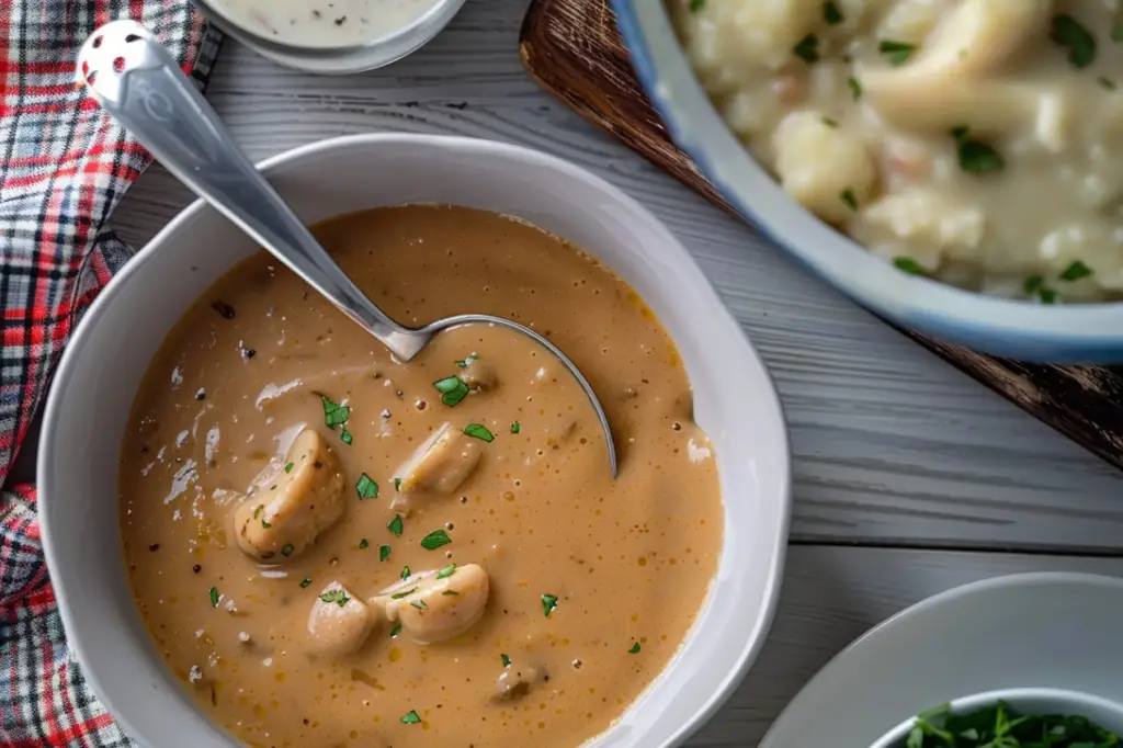 A bowl of rich homemade chicken gravy garnished with herbs, perfect for enhancing the flavor of your favorite dishes.