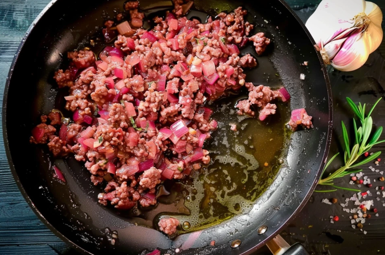 A steaming bowl of deer chili garnished with fresh herbs, served with a side of cornbread.