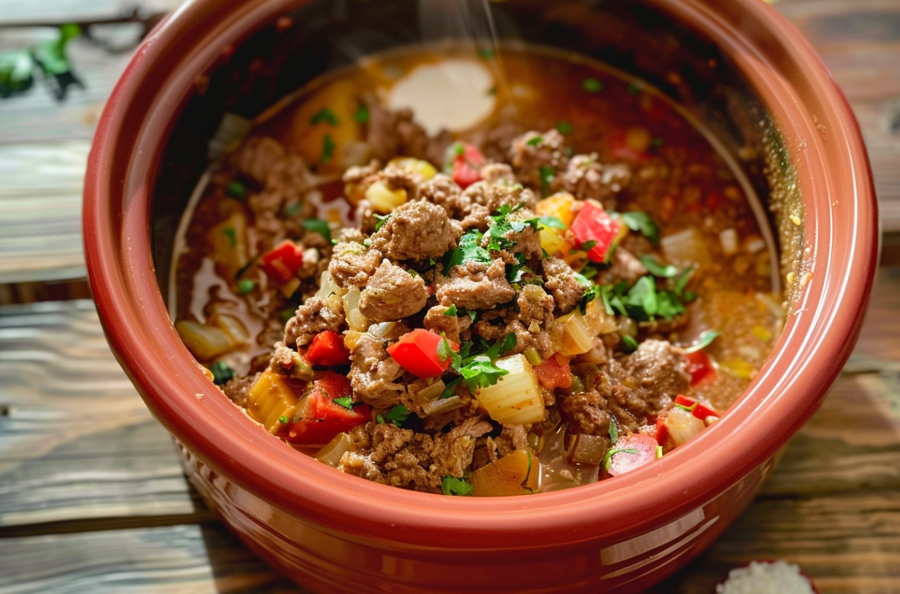 A steaming bowl of deer chili garnished with fresh herbs, served with a side of cornbread.