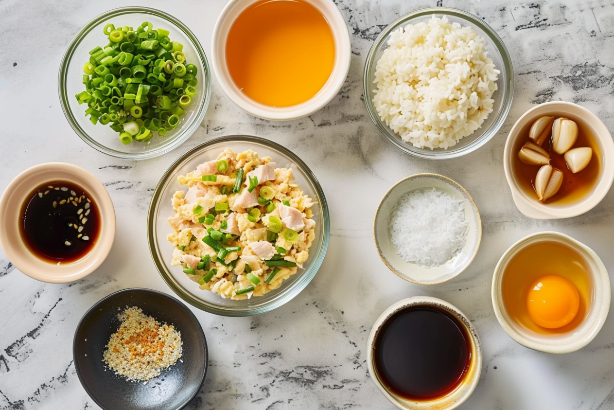 A plate of homemade hibachi-style fried rice with grilled chicken, green onions, and scrambled eggs.