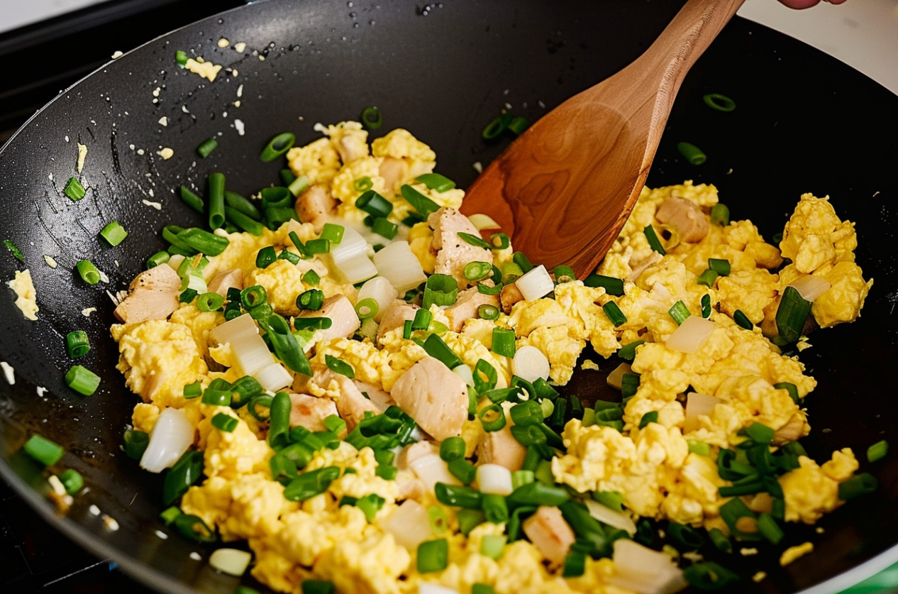 A plate of homemade hibachi-style fried rice with grilled chicken, green onions, and scrambled eggs.