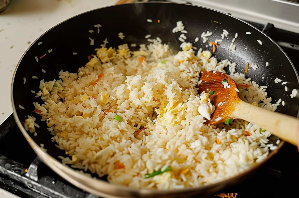 A plate of homemade hibachi-style fried rice with grilled chicken, green onions, and scrambled eggs.