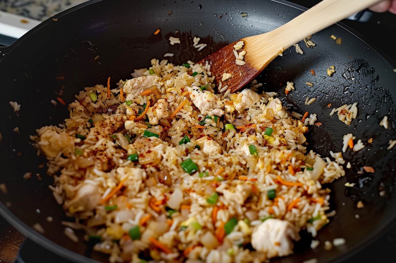 A plate of homemade hibachi-style fried rice with grilled chicken, green onions, and scrambled eggs. 