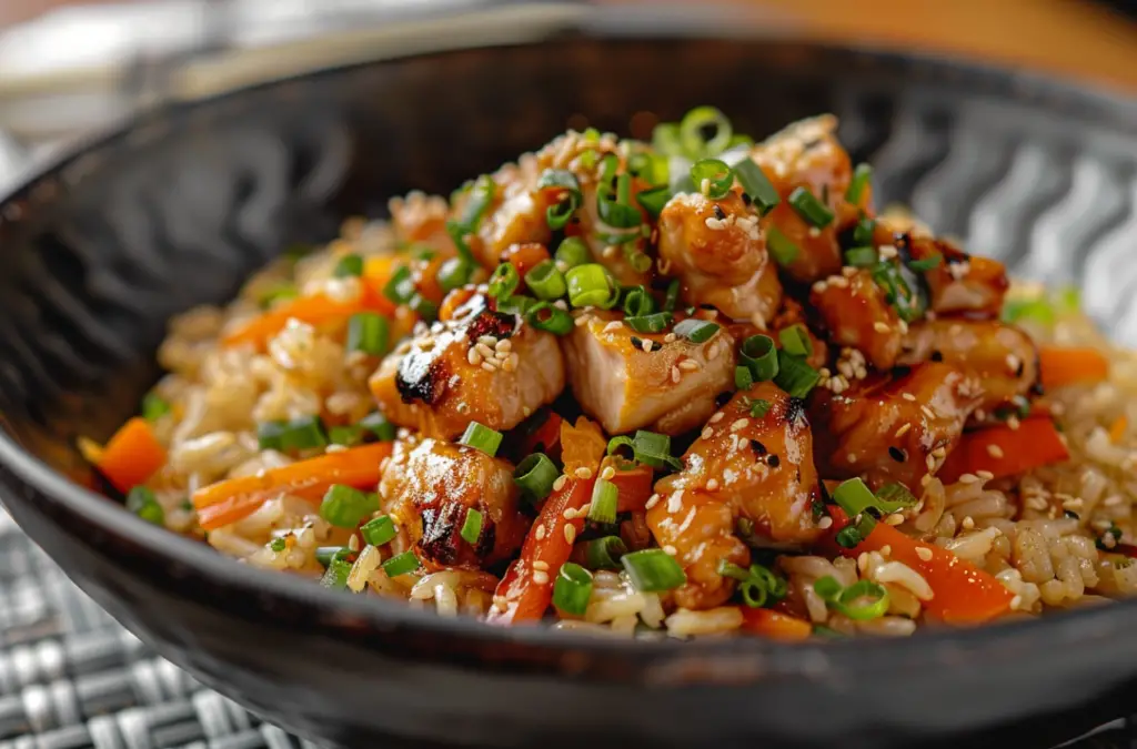 A plate of homemade hibachi-style fried rice with grilled chicken, green onions, and scrambled eggs.