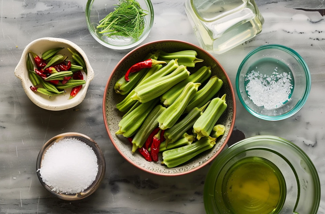 A jar of freshly made pickled okra with red chile peppers and dill, showcasing vibrant green okra pods immersed in tangy brine.

