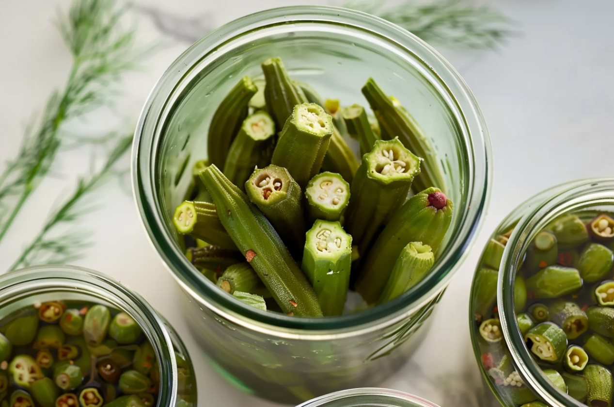 A jar of freshly made pickled okra with red chile peppers and dill, showcasing vibrant green okra pods immersed in tangy brine.

