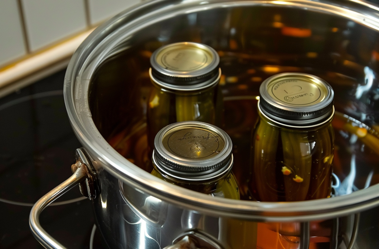 A jar of freshly made pickled okra with red chile peppers and dill, showcasing vibrant green okra pods immersed in tangy brine.

