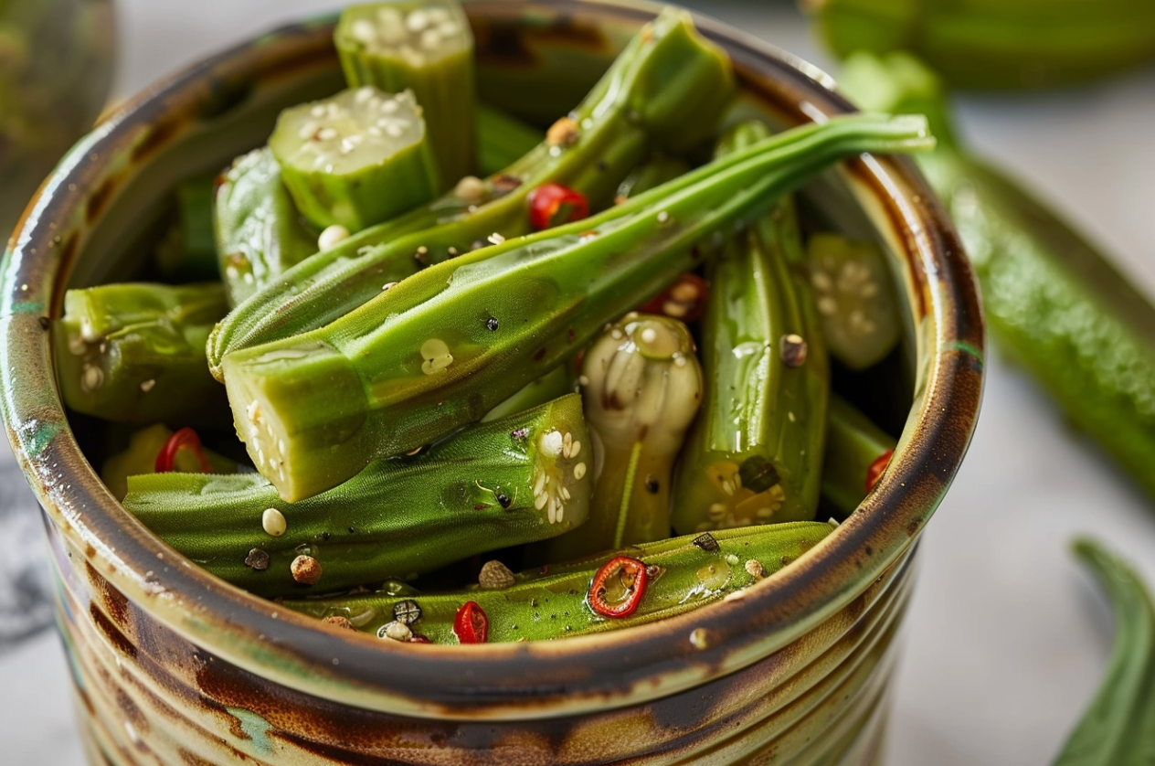 A jar of freshly made pickled okra with red chile peppers and dill, showcasing vibrant green okra pods immersed in tangy brine.

